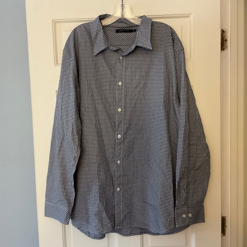 District And Row Men’s Button Up Shirt Navy Blue Gingham Check Size XXL 2XL NWT